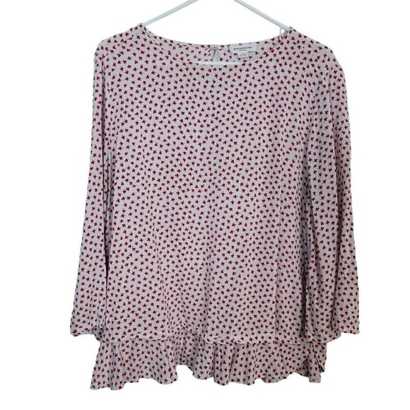 BeachLunchLounge White Ditsy Floral Print Blouse Flare Sleeves Ruffle Hem Sz Lg - Picture 1 of 10